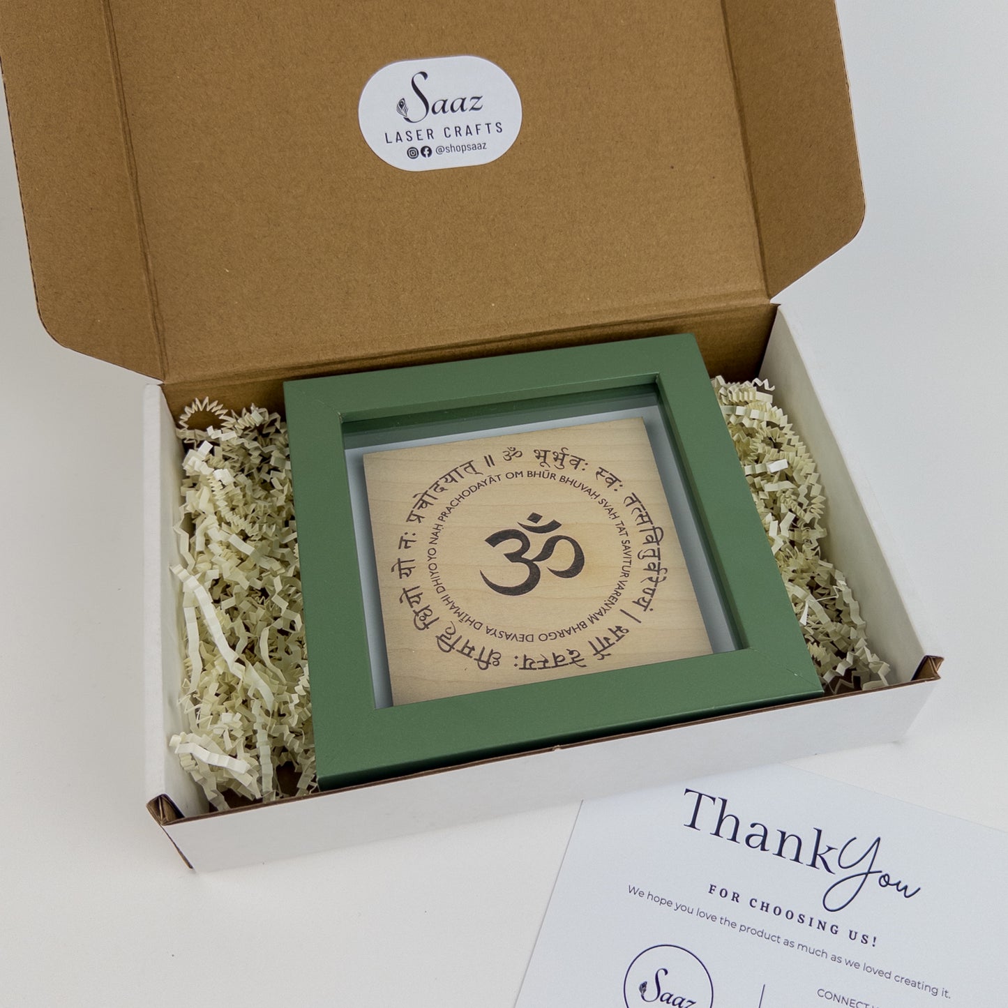 Wood engraved Gayatri Mantra Self standing shadow box packaging South Asian Gift