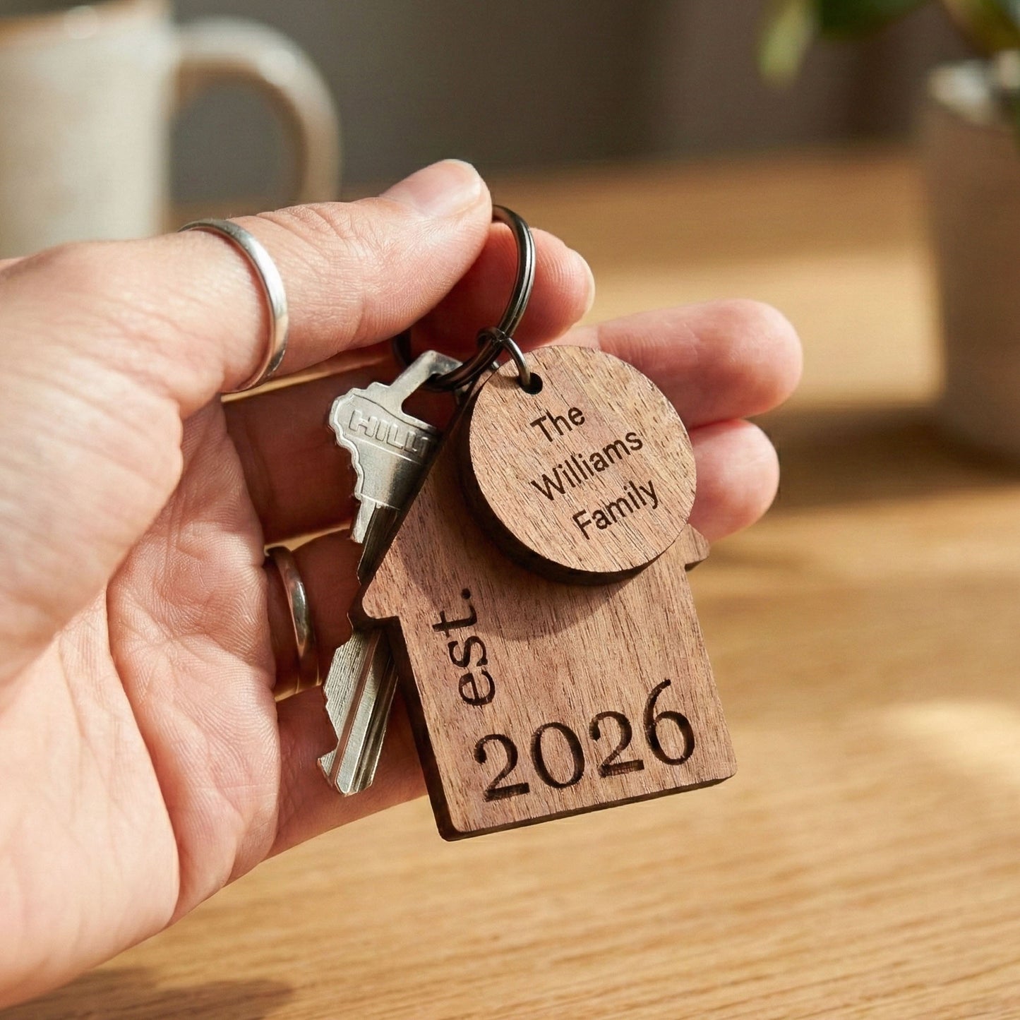 Personalized Home-shaped Wooden Keychain with Year and Individual/Family Name