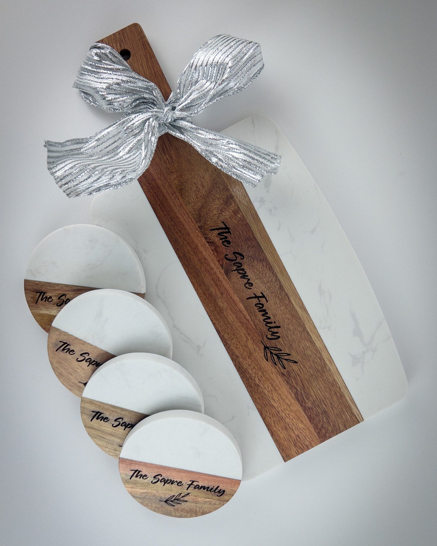 Personalized Marble Wood Charcuterie Board and Coasters Set