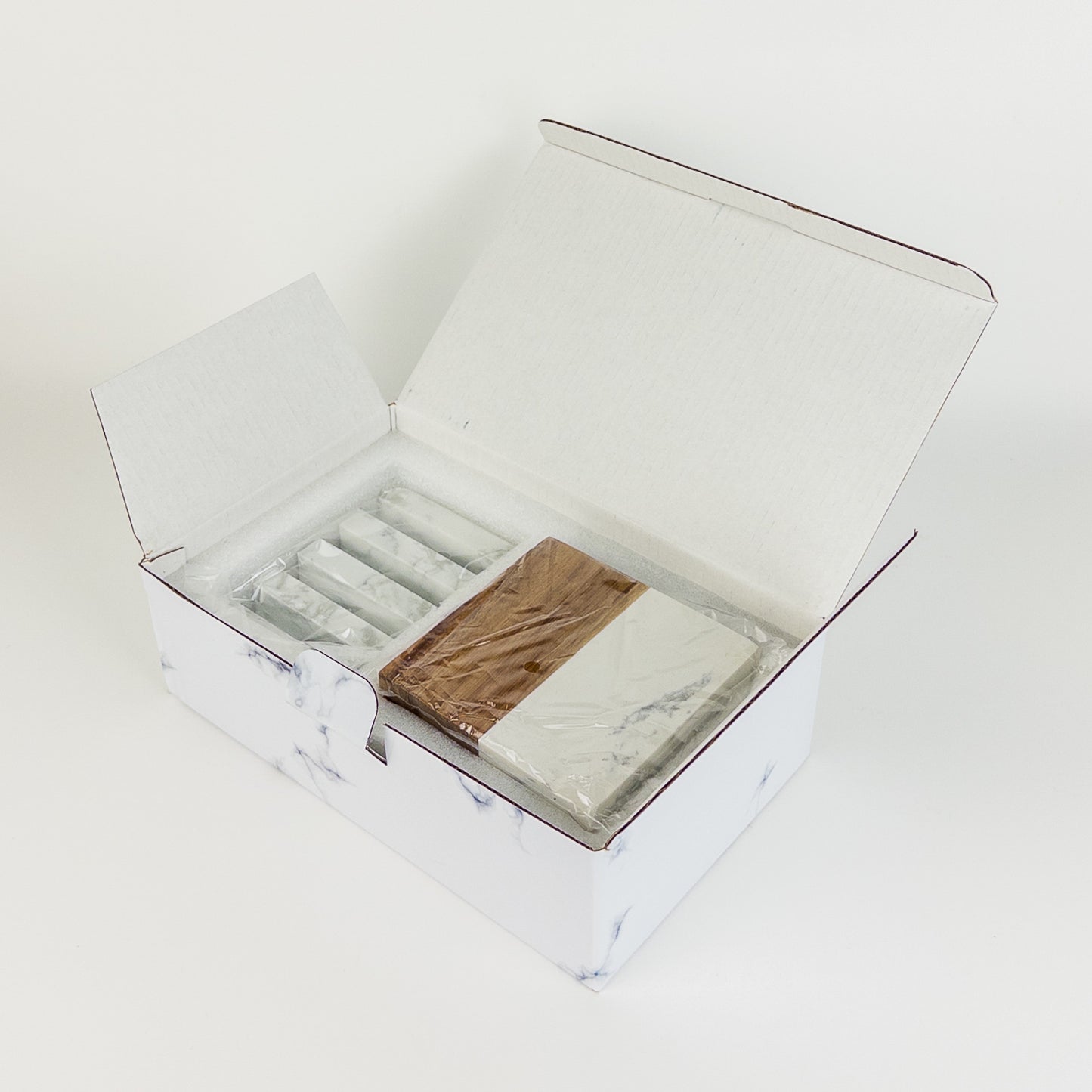 Acacia Wood & Marble Coaster Set with Stand