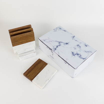 Acacia Wood & Marble Coaster Set with Stand