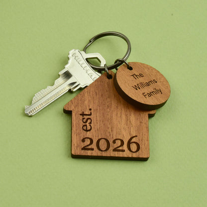 Personalized Home-shaped Wooden Keychain with Year and Individual/Family Name