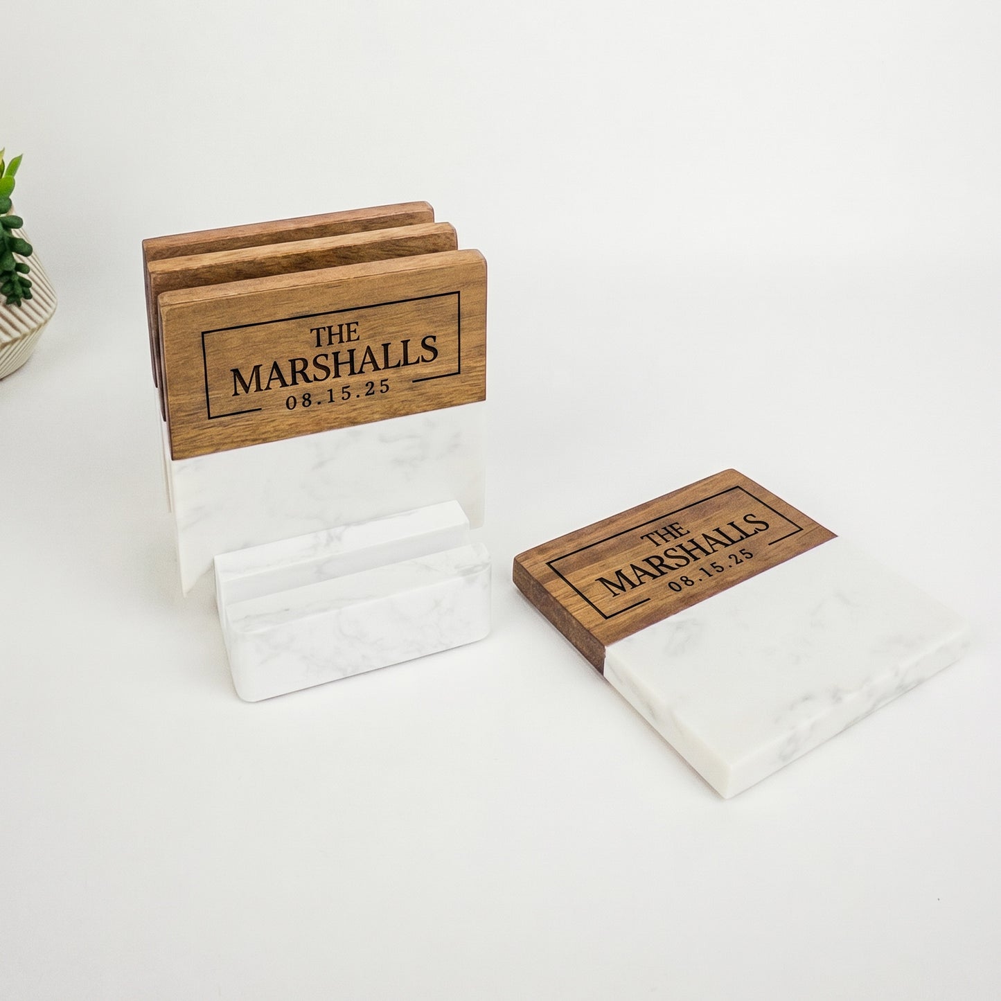 Acacia Wood & Marble Coaster Set with Stand