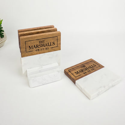Acacia Wood & Marble Coaster Set with Stand