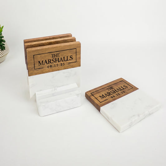 Acacia Wood & Marble Coaster Set with Stand