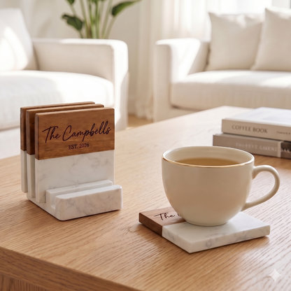 Acacia Wood & Marble Coaster Set with Stand