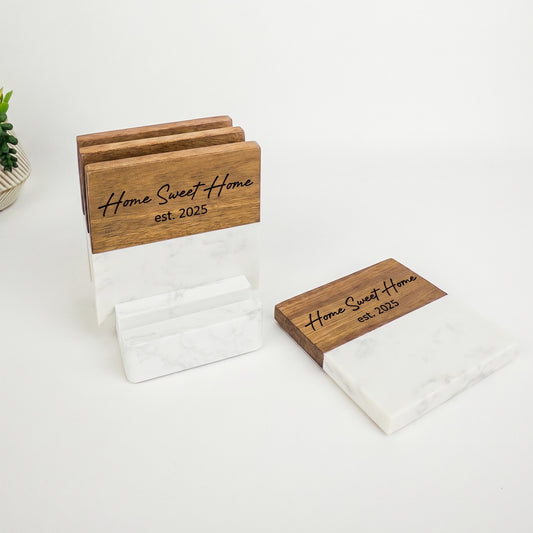 Acacia Wood & Marble Coaster Set with Stand