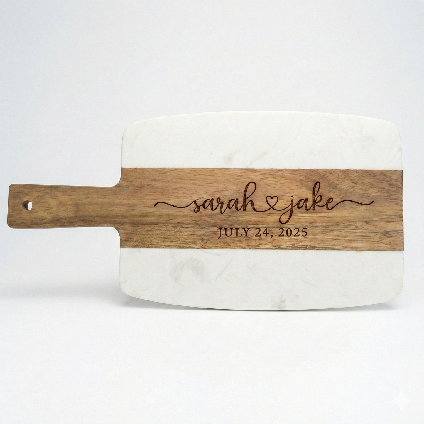 Medium marble and wood cutting board with handle, engraved with couple names and heart design and date