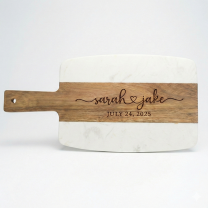 Medium marble and wood cutting board with handle, engraved with couple names and heart design and date