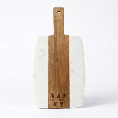 Medium marble and wood cutting board with handle, featuring a initial monogram