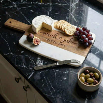 Medium marble and wood cutting board with handle shows life style image