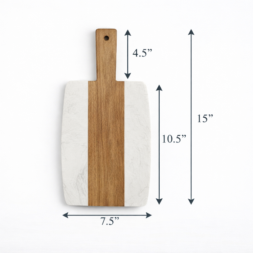 Medium marble and wood cutting board with handle shows measurements