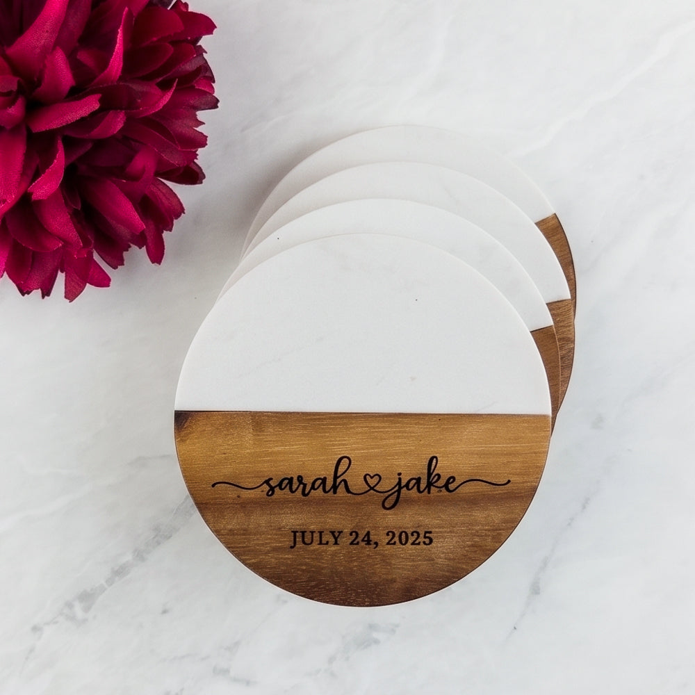 Round Marble and Acacia Personalized Wood Coaster Set