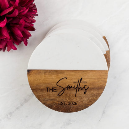 Round Marble and Acacia Personalized Wood Coaster Set