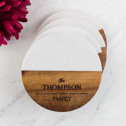 Round Marble and Acacia Personalized Wood Coaster Set