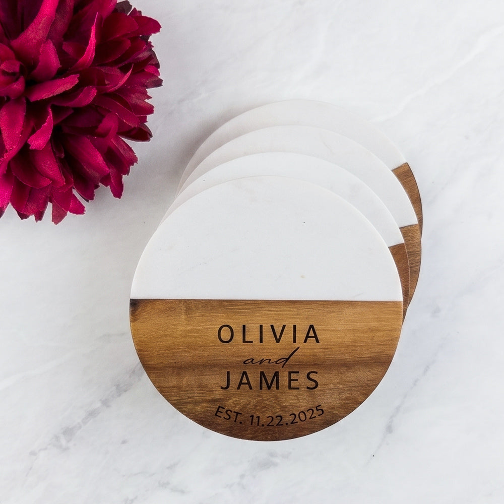 Round Marble and Acacia Personalized Wood Coaster Set