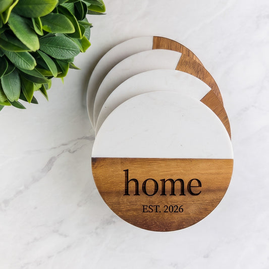 Round Marble and Acacia Personalized Wood Coaster Set