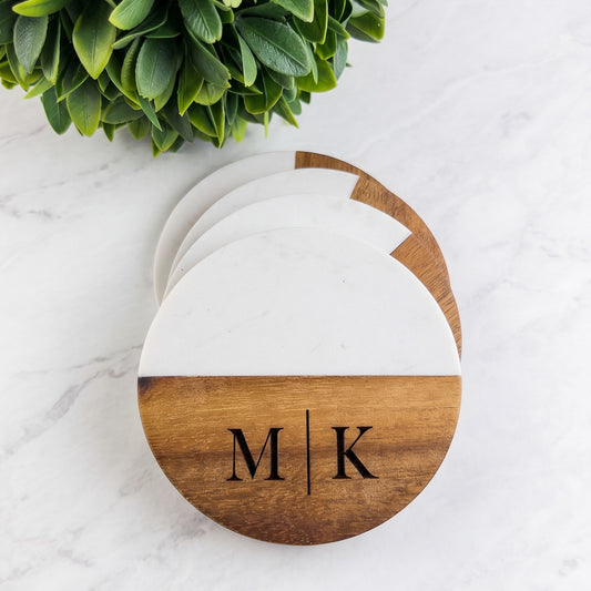 Round Marble and Acacia Personalized Wood Coaster Set