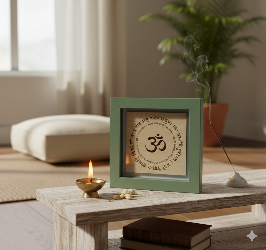 Wood engraved Gayatri Mantra Self standing shadow box South Asian Gift
