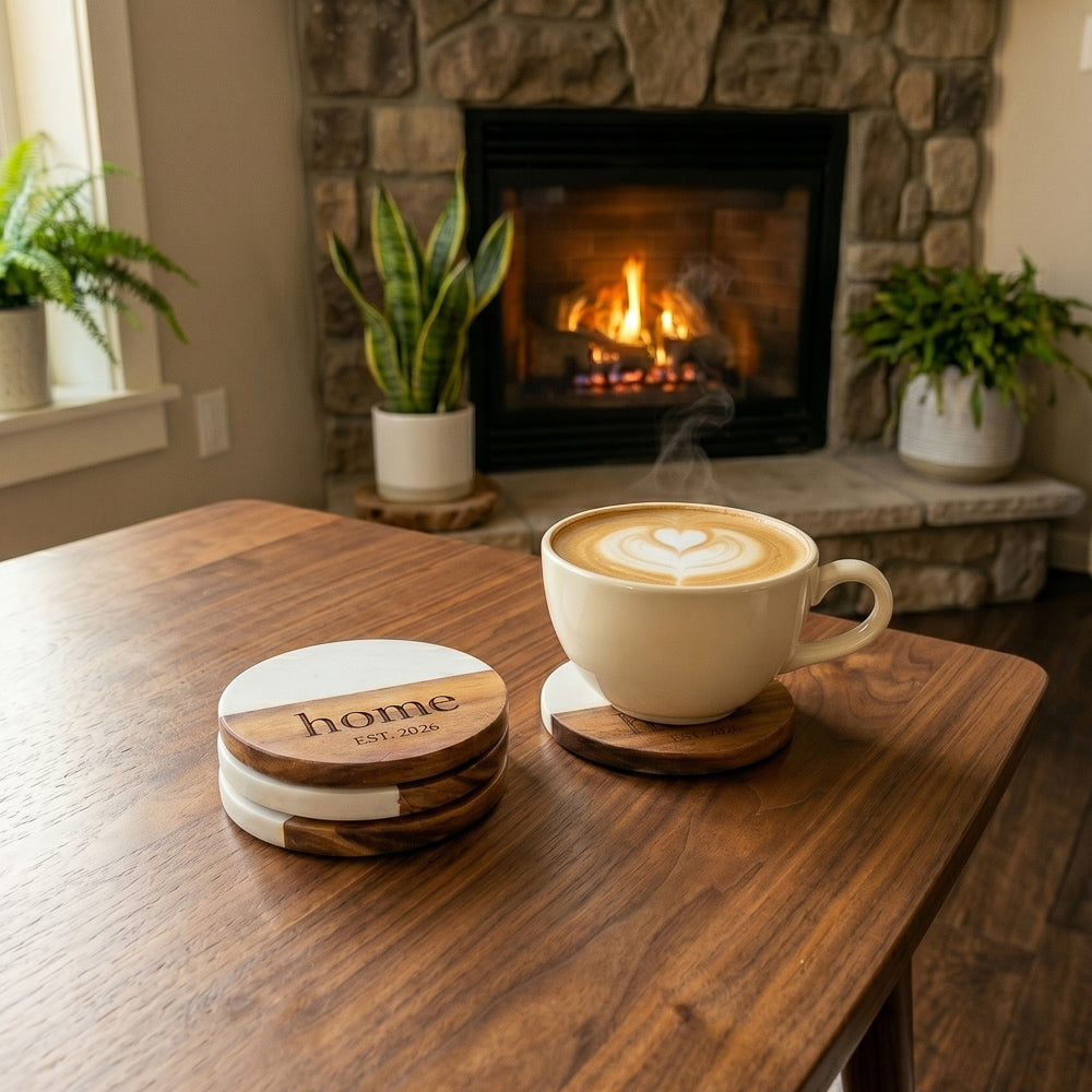 Round Marble and Acacia Personalized Wood Coaster Set