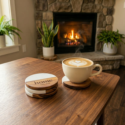 Round Marble and Acacia Personalized Wood Coaster Set
